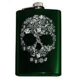 Engraved Floral Skull Flask - 8oz Stainless Steel Drinking Hip Flask-Engraved 8oz Top Shelf Stainless Steel Hip / Pocket Flask with easy closure screw cap lid. Optional customized engraving, funnel, gift box with cups, etc. Ships from USA. Quality drinking liquor drinker gift idea portable alcohol flask goth gothic halloween flower motif skull vodka whiskey -Green-Just the Flask-