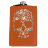 Engraved Floral Skull Flask - 8oz Stainless Steel Drinking Hip Flask-Engraved 8oz Top Shelf Stainless Steel Hip / Pocket Flask with easy closure screw cap lid. Optional customized engraving, funnel, gift box with cups, etc. Ships from USA. Quality drinking liquor drinker gift idea portable alcohol flask goth gothic halloween flower motif skull vodka whiskey -Orange-Just the Flask-