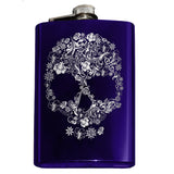 Engraved Floral Skull Flask - 8oz Stainless Steel Drinking Hip Flask-Engraved 8oz Top Shelf Stainless Steel Hip / Pocket Flask with easy closure screw cap lid. Optional customized engraving, funnel, gift box with cups, etc. Ships from USA. Quality drinking liquor drinker gift idea portable alcohol flask goth gothic halloween flower motif skull vodka whiskey -Purple-Just the Flask-