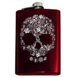 Engraved Floral Skull Flask - 8oz Stainless Steel Drinking Hip Flask-Engraved 8oz Top Shelf Stainless Steel Hip / Pocket Flask with easy closure screw cap lid. Optional customized engraving, funnel, gift box with cups, etc. Ships from USA. Quality drinking liquor drinker gift idea portable alcohol flask goth gothic halloween flower motif skull vodka whiskey -Red-Just the Flask-
