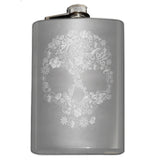 Engraved Floral Skull Flask - 8oz Stainless Steel Drinking Hip Flask-Engraved 8oz Top Shelf Stainless Steel Hip / Pocket Flask with easy closure screw cap lid. Optional customized engraving, funnel, gift box with cups, etc. Ships from USA. Quality drinking liquor drinker gift idea portable alcohol flask goth gothic halloween flower motif skull vodka whiskey -Stainless Steel-Just the Flask-