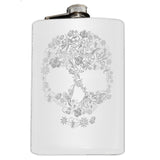 Engraved Floral Skull Flask - 8oz Stainless Steel Drinking Hip Flask-Engraved 8oz Top Shelf Stainless Steel Hip / Pocket Flask with easy closure screw cap lid. Optional customized engraving, funnel, gift box with cups, etc. Ships from USA. Quality drinking liquor drinker gift idea portable alcohol flask goth gothic halloween flower motif skull vodka whiskey -White-Just the Flask-