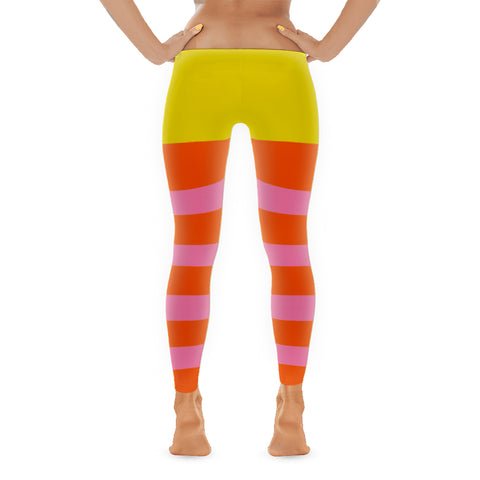 Follow That Bird Leggings, Adult Sizes - Funny Pink, Orange and Yellow-Four-way stretch polyester/spandex leggings with elastic waistband. Available in adult womens sizes XS to XL. Typically ships in 3-5 business days from within the US. Fun and funky sesame streetwear custom funny big yellow, orange and pink stripes tribute cosplay costume fashion accessory.-XS-