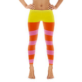 Follow That Bird Leggings, Adult Sizes - Funny Pink, Orange and Yellow-Four-way stretch polyester/spandex leggings with elastic waistband. Available in adult womens sizes XS to XL. Typically ships in 3-5 business days from within the US. Fun and funky sesame streetwear custom funny big yellow, orange and pink stripes tribute cosplay costume fashion accessory.-