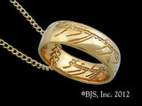 -Official replica gold plated bronze One Ring pendant necklace from the immortal works of JRR Tolkien, Tengwar rune script band, gold plated or Mithril titanium chain. Jeweler handcrafted in, shipped from USA. New w/COA. Hobbit,LOTR,Silmarillion Ring of Power,Precious,Middle Earth ruling ring, Frodo Bilbo Sauron jewelry-