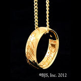 -Official replica gold plated bronze One Ring pendant necklace from the immortal works of JRR Tolkien, Tengwar rune script band, gold plated or Mithril titanium chain. Jeweler handcrafted in, shipped from USA. New w/COA. Hobbit,LOTR,Silmarillion Ring of Power,Precious,Middle Earth ruling ring, Frodo Bilbo Sauron jewelry-
