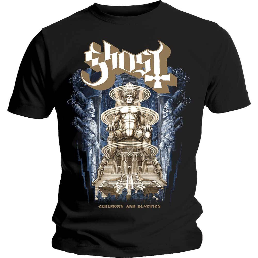 -Officially licensed&nbsp; Ghost 'Ceremony and Devotion' graphic tee. Mens / unisex style shirt made of soft 100% pre-shrunk cotton with crew neck, short sleeves and high quality screenprinted design. Genuine Ghost / Ghost B.C. heavy metal merch. Imported from the UK, 1-2 weeks to the USA. Goth gothic hard rock music-XS-
