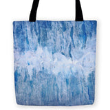 -High quality, reusable woven polyester fabric carryall tote bag with abstract ice blue and white glacier design on both sides. Durable and machine washable. This item is made-to-order and typically ships in 3-5 business days.-