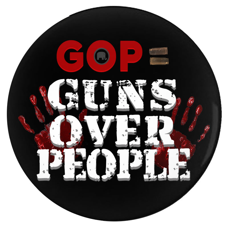GOP: Guns Over People Button - Common Sense Reform and Gun Control NOW-Scratch and UV resistant mylar covered metal pinback button. Made to order. Ships from the USA. RESIST Republican BS pin. Common sense legislation, reform and gun control NOW! Stop mass shootings, school shootings, domestic terrorism, insurrectionists, etc. NRA backed propaganda and profiteering.-3 inch Round Button-