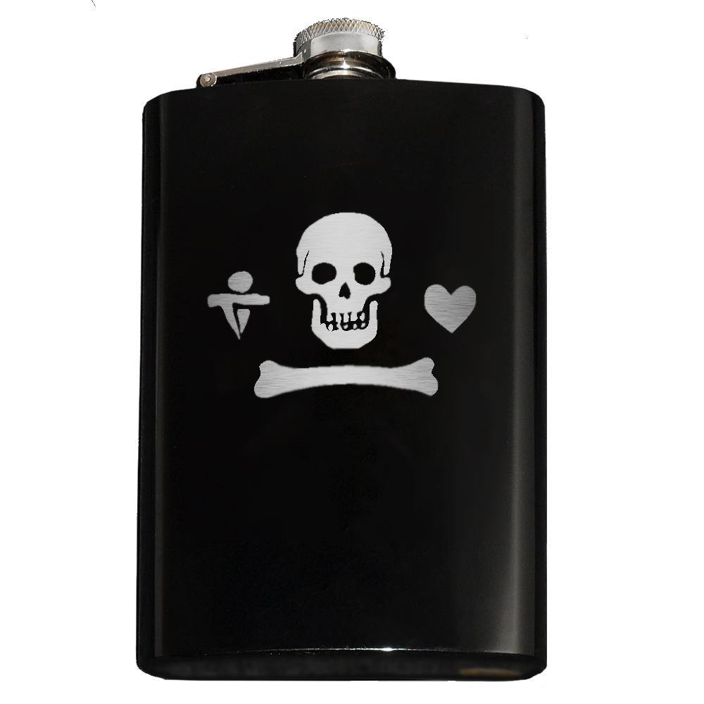 Calico Jack Pirate Jolly Roger Flask-Custom Gentleman Pirate Skull, Heart and Dagger Jolly Roger Symbol Flask. The perfect hip flask for your grog! Engraved 8oz Stainless Steel Flask with easy closure screw cap lid. Holds eight shots. This item is fully customizable. Can be customized. Optional funnel or gift box with funnel and shot glasses.-Black-Just the Flask-725185479327