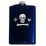 Calico Jack Pirate Jolly Roger Flask-Custom Gentleman Pirate Skull, Heart and Dagger Jolly Roger Symbol Flask. The perfect hip flask for your grog! Engraved 8oz Stainless Steel Flask with easy closure screw cap lid. Holds eight shots. This item is fully customizable. Can be customized. Optional funnel or gift box with funnel and shot glasses.-Blue-Just the Flask-725185479327