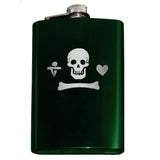 Calico Jack Pirate Jolly Roger Flask-Custom Gentleman Pirate Skull, Heart and Dagger Jolly Roger Symbol Flask. The perfect hip flask for your grog! Engraved 8oz Stainless Steel Flask with easy closure screw cap lid. Holds eight shots. This item is fully customizable. Can be customized. Optional funnel or gift box with funnel and shot glasses.-Green-Just the Flask-725185479327