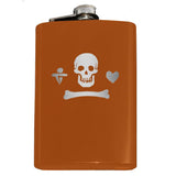 Calico Jack Pirate Jolly Roger Flask-Custom Gentleman Pirate Skull, Heart and Dagger Jolly Roger Symbol Flask. The perfect hip flask for your grog! Engraved 8oz Stainless Steel Flask with easy closure screw cap lid. Holds eight shots. This item is fully customizable. Can be customized. Optional funnel or gift box with funnel and shot glasses.-Orange-Just the Flask-725185479327