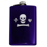 Calico Jack Pirate Jolly Roger Flask-Custom Gentleman Pirate Skull, Heart and Dagger Jolly Roger Symbol Flask. The perfect hip flask for your grog! Engraved 8oz Stainless Steel Flask with easy closure screw cap lid. Holds eight shots. This item is fully customizable. Can be customized. Optional funnel or gift box with funnel and shot glasses.-Purple-Just the Flask-725185479327