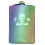 Calico Jack Pirate Jolly Roger Flask-Custom Gentleman Pirate Skull, Heart and Dagger Jolly Roger Symbol Flask. The perfect hip flask for your grog! Engraved 8oz Stainless Steel Flask with easy closure screw cap lid. Holds eight shots. This item is fully customizable. Can be customized. Optional funnel or gift box with funnel and shot glasses.-Rainbow Finish-Just the Flask-725185479327
