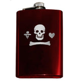 Calico Jack Pirate Jolly Roger Flask-Custom Gentleman Pirate Skull, Heart and Dagger Jolly Roger Symbol Flask. The perfect hip flask for your grog! Engraved 8oz Stainless Steel Flask with easy closure screw cap lid. Holds eight shots. This item is fully customizable. Can be customized. Optional funnel or gift box with funnel and shot glasses.-Red-Just the Flask-725185479327
