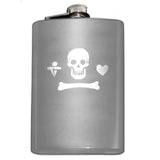 Calico Jack Pirate Jolly Roger Flask-Custom Gentleman Pirate Skull, Heart and Dagger Jolly Roger Symbol Flask. The perfect hip flask for your grog! Engraved 8oz Stainless Steel Flask with easy closure screw cap lid. Holds eight shots. This item is fully customizable. Can be customized. Optional funnel or gift box with funnel and shot glasses.-Stainless Steel-Just the Flask-725185479327