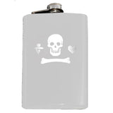 Calico Jack Pirate Jolly Roger Flask-Custom Gentleman Pirate Skull, Heart and Dagger Jolly Roger Symbol Flask. The perfect hip flask for your grog! Engraved 8oz Stainless Steel Flask with easy closure screw cap lid. Holds eight shots. This item is fully customizable. Can be customized. Optional funnel or gift box with funnel and shot glasses.-White-Just the Flask-725185479327