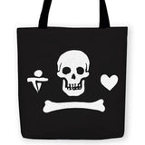 Gentleman Pirate Jolly Roger Tote Bag-High quality, black reusable woven polyester fabric carryall tote with classic Gentleman Pirate skull, heart and dagger jolly roger design on both sides. Durable and machine washable. This item is made-to-order and typically ships in 3-5 Business Days.-