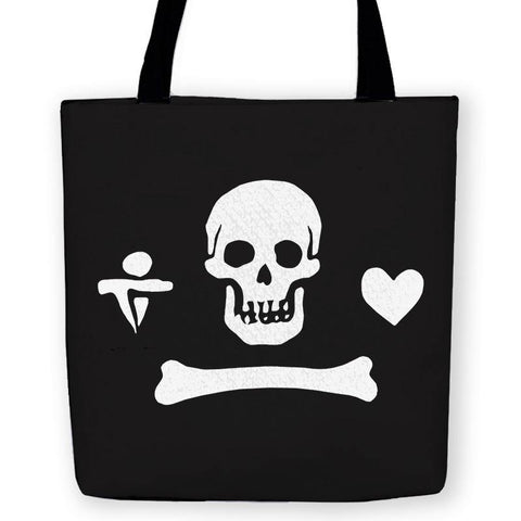 Gentleman Pirate Jolly Roger Tote Bag-High quality, black reusable woven polyester fabric carryall tote with classic Gentleman Pirate skull, heart and dagger jolly roger design on both sides. Durable and machine washable. This item is made-to-order and typically ships in 3-5 Business Days.-13 inches-Not Applicable