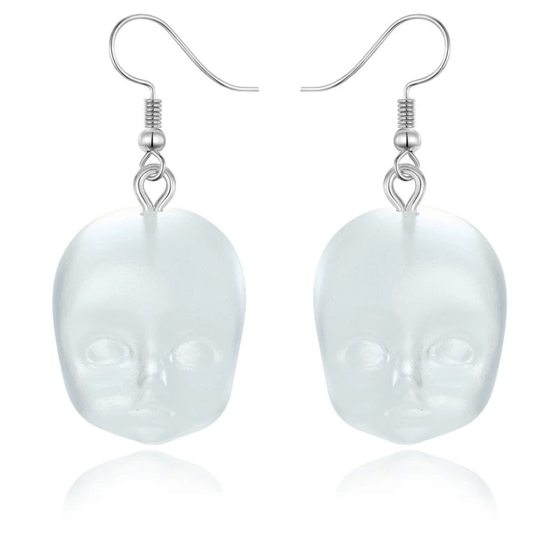 Ghost Baby Head Earrings, Creepy Weird Clear Resin Faces Harajuku Goth-A pair of ghostly baby faces cast in quality glass-like translucent resin. Each measures about 2cm x 2.5cm on metal drop / dangle hooks. Free Shipping Worldwide. A creepy, weird accent accessory for most any harajuku or gothic outfit. A fun and funny gift for your dark and twisted or mildly kowai friends. -