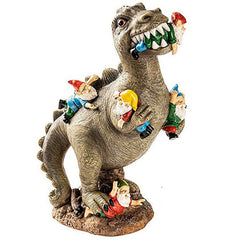 Gnome Chomping Dinosaur Garden Statue, Funny Outdoor Sculpture 3 Sizes-Garden-size dinos are still around, it's a fact! The toothy monsters reign terror on gnomekind. Gnomes chomped and chewed, miniature gojira massacres, entire gnome villages trampled by pint-sized kaijus, Oh the horror! Detailed resin sculpture 15cm/5.9in, 24cm/9.5in or 30cm/~12in. Free shipping to USA. t-rex godzilla-15x10x6cm-