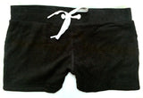 Retro Fitted Cotton Terry Lounge Shorts, Mens/Unisex Short Shorts, USA-Retro vintage, short and sexy fitted lounge shorts made of soft, cozy cotton terrycloth material. Wide white stripe down each side and across the top of the back, just below the waistband. Drawstring waist, 2 side pockets and one back pocket. These mens / unisex style shorts shipped from the USA.-Black-XS-