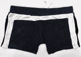 Retro Fitted Cotton Terry Lounge Shorts, Mens/Unisex Short Shorts, USA-Retro vintage, short and sexy fitted lounge shorts made of soft, cozy cotton terrycloth material. Wide white stripe down each side and across the top of the back, just below the waistband. Drawstring waist, 2 side pockets and one back pocket. These mens / unisex style shorts shipped from the USA.-