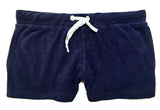 Retro Fitted Cotton Terry Lounge Shorts, Mens/Unisex Short Shorts, USA-Retro vintage, short and sexy fitted lounge shorts made of soft, cozy cotton terrycloth material. Wide white stripe down each side and across the top of the back, just below the waistband. Drawstring waist, 2 side pockets and one back pocket. These mens / unisex style shorts shipped from the USA.-Navy Blue-XS-