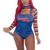-Bodysuit with printed overalls pattern, colorful striped shrug/super cropped top sleeves. These are soft and stretchy but do run small. See size chart in images. Free shipping.

women's creepy cute kowai sexy scary halloween cosplay killer babe naughty child murder doll wanna play harajuku horror hottie bishojo -
