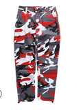 At Ease Baggy Color Camo Cargo Pants, Retro 1990s Colorful Camouflage-Baggy retro vintage colorful camo cargo pants with plenty of pockets, button fly and cord cinched ankles. Quality unisex 90s style fashion tactical trousers in your choice of color. 100% cotton. 

Streetwear orange blue green yellow red purple pink mens womens teens adults big for sam designer classic alternative nu metal-XS-red-