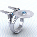 -Federation starship shaped silver plated ring with cubic zirconia stones. Free shipping from abroad with average delivery to the US in 2-3 weeks.

Trekker Trekkie USS Enterprise NCC NX fashion jewelry fan gift space universe scifi sci-fi science fiction TNG OS -