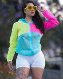Women's Sheer Neon Fluorsecent Color Block Windbreaker Jacket - Retro-without logo blue-S-