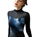 -Unique, sexy and sophisticated women's long sleeve turtleneck top with contrasting blue & black and mesh sleeves. Polyester, nylon and spandex. Medium stretch. See size charts. Free shipping from abroad with average delivery in 2-3 weeks.

classy casual fall winter autumn womens longsleeve blouse shirt blue black-