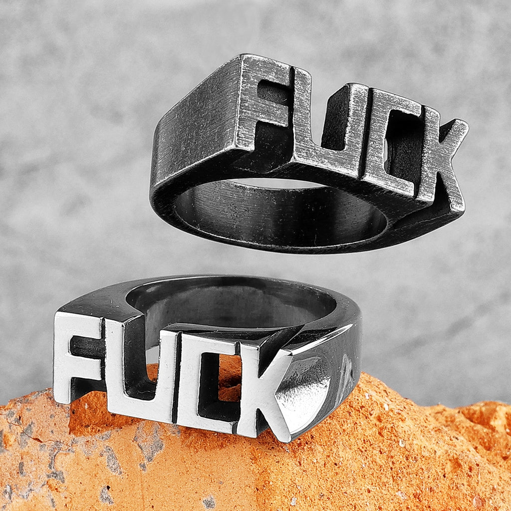 -316L Stainless Steel F-Word ring, plain silver or antiqued finish, sizes 7-13 US. Free shipping, avg delivery 2-3wks.
Funny vulgar american british english alphabet block letter word ring counterculture punk goth gothic biker hippie george carlin obscenities rude offensive language slang swearing fashion jewelry gift-
