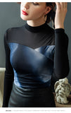 -Unique, sexy and sophisticated women's long sleeve turtleneck top with contrasting blue & black and mesh sleeves. Polyester, nylon and spandex. Medium stretch. See size charts. Free shipping from abroad with average delivery in 2-3 weeks.

classy casual fall winter autumn womens longsleeve blouse shirt blue black-