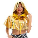 -Hooded, shiny metallic PU crop top cowl / caped shroud. Free shipping from abroad.
womens unisex clubwear cosplay costume holographic cape rave dance edm festival cloak hoodie faux leather short death hood y2k cybergoth cyber gothic future fashion dancehall black pink red silver white blue gold-