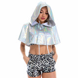 -Hooded, shiny metallic PU crop top cowl / caped shroud. Free shipping from abroad.
womens unisex clubwear cosplay costume holographic cape rave dance edm festival cloak hoodie faux leather short death hood y2k cybergoth cyber gothic future fashion dancehall black pink red silver white blue gold-