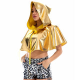 -Hooded, shiny metallic PU crop top cowl / caped shroud. Free shipping from abroad.
womens unisex clubwear cosplay costume holographic cape rave dance edm festival cloak hoodie faux leather short death hood y2k cybergoth cyber gothic future fashion dancehall black pink red silver white blue gold-