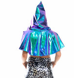 -Hooded, shiny metallic PU crop top cowl / caped shroud. Free shipping from abroad.
womens unisex clubwear cosplay costume holographic cape rave dance edm festival cloak hoodie faux leather short death hood y2k cybergoth cyber gothic future fashion dancehall black pink red silver white blue gold-