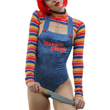 -Bodysuit with printed overalls pattern, colorful striped shrug/super cropped top sleeves. These are soft and stretchy but do run small. See size chart in images. Free shipping.

women's creepy cute kowai sexy scary halloween cosplay killer babe naughty child murder doll wanna play harajuku horror hottie bishojo -