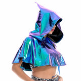 -Hooded, shiny metallic PU crop top cowl / caped shroud. Free shipping from abroad.
womens unisex clubwear cosplay costume holographic cape rave dance edm festival cloak hoodie faux leather short death hood y2k cybergoth cyber gothic future fashion dancehall black pink red silver white blue gold-