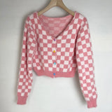 Pink and White Check Mohair Cropped Cardigan, Super Soft, Lightweight -Super soft pink and white checkered, cropped cardigan made of knitted mohair with v-neck, colorful heart shaped buttons. Available in 2 sizes. Free shipping from abroad. Typically arrives in about 2-4 weeks to the USA. Sweet cute kawaii kustom egirl fuzzy furry unique sexy and playful short sweater extra long sleeves.-
