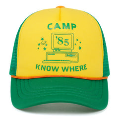 -Retro vintage green and yellow, mesh back trucker cap with 80's computer camp graphic printed on front panel. One size fits most with snapback adjustment. Free shipping from abroad. Dustin stranger costume cosplay things eighties 1980s green and yellow geek cap prop replica halloween -