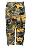 At Ease Baggy Color Camo Cargo Pants, Retro 1990s Colorful Camouflage-Baggy retro vintage colorful camo cargo pants with plenty of pockets, button fly and cord cinched ankles. Quality unisex 90s style fashion tactical trousers in your choice of color. 100% cotton. 

Streetwear orange blue green yellow red purple pink mens womens teens adults big for sam designer classic alternative nu metal-XS-yellow-