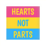 Hearts Not Parts Pansexual Pride Buttons 1.25, 2.26 or 3in LGBTQIA Pin-High quality scratch and UV resistant mylar & metal pinback button. 1.25, 2.25 or 3 inches. Custom made Pan Pansexual LGBTQ LGBTQIA LGBTQX Pride Pin - Equal Rights, Equality Flag Stripes. Hearts Not Parts. Love is Love. -2 inch Square Button-