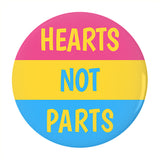 Hearts Not Parts Pansexual Pride Buttons 1.25, 2.26 or 3in LGBTQIA Pin-High quality scratch and UV resistant mylar & metal pinback button. 1.25, 2.25 or 3 inches. Custom made Pan Pansexual LGBTQ LGBTQIA LGBTQX Pride Pin - Equal Rights, Equality Flag Stripes. Hearts Not Parts. Love is Love. -2.25 inch Round Button-