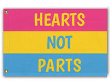 Hearts Not Parts Pansexual Pride Flag, LGBTQ LGBTQIA Love is Love-High quality, professionally printed polyester banner pole flag in your choice of size and style - single or double sided with either grommets or pole pocket. 2x1 / 1x2 ft, 3x2 / 2x3 ft, 3x5 / 5x3 ft or custom size. Fully customizable on request. Pan pansexual LGBTQ LGBTQIA LGBTQX pole banner Pride flag. Love is Love.-3 ft x 2 ft-Standard-Grommets-725185481429