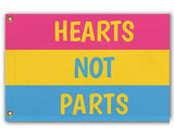 Hearts Not Parts Pansexual Pride Flag, LGBTQ LGBTQIA Love is Love-High quality, professionally printed polyester banner pole flag in your choice of size and style - single or double sided with either grommets or pole pocket. 2x1 / 1x2 ft, 3x2 / 2x3 ft, 3x5 / 5x3 ft or custom size. Fully customizable on request. Pan pansexual LGBTQ LGBTQIA LGBTQX pole banner Pride flag. Love is Love.-