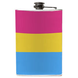 -Pansexual Pride Flask. Brand New 8oz stainless steel flask with easy closure screw cap lid with striped pink, yellow and blue LGBTQ pan pride flag artwork on waterproof vinyl. Holds eight shots. Optional funnel or gift bo with funnel and shot glasses.-